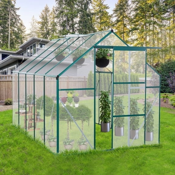 Walk-in Greenhouse, 6' x 10' Heavy Duty Garden Plant Green House Hot House with Aluminum Frame, Sliding Door, Vents & Drainage System for Outdoor Indoor, Green