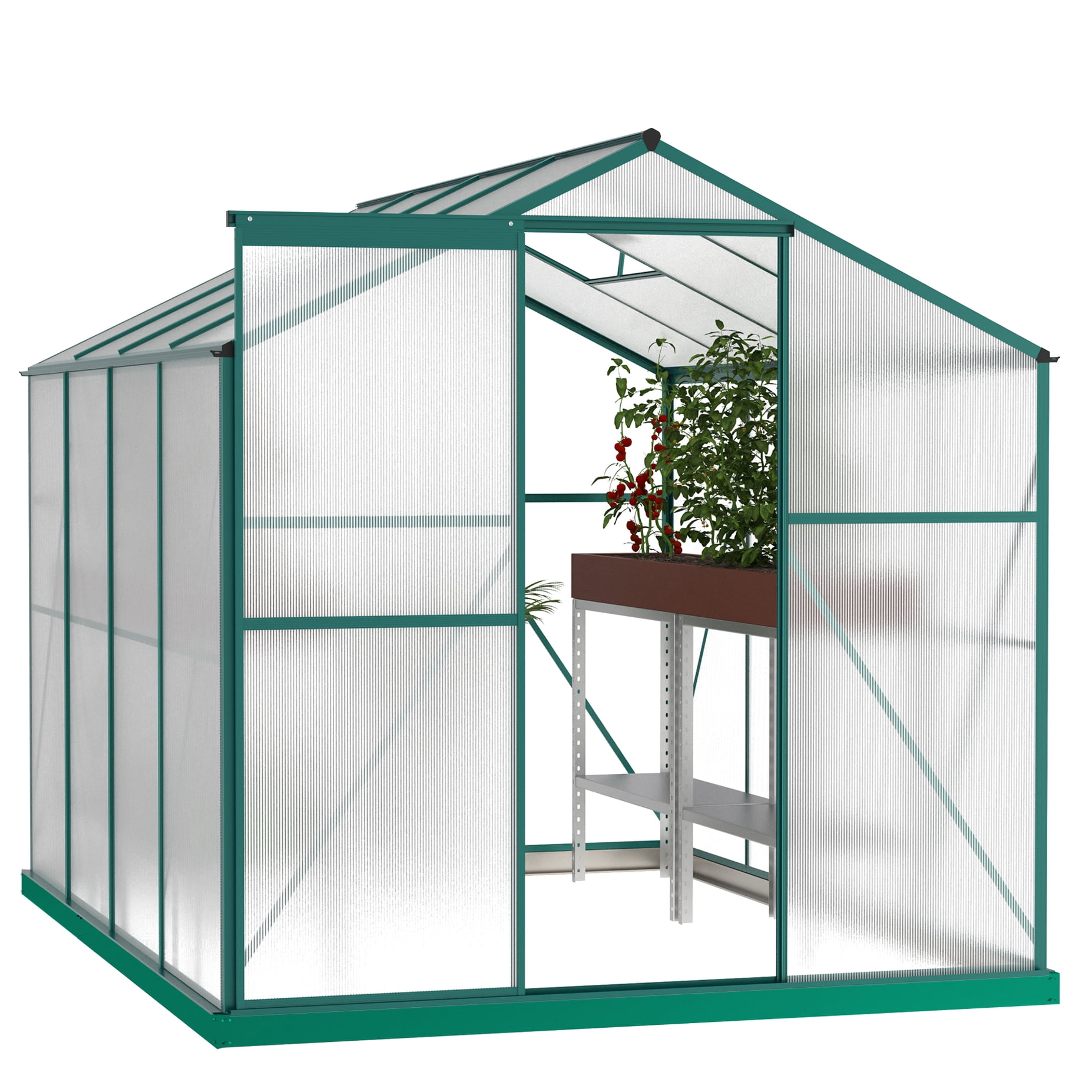 Walk-in Greenhouse 6'x8', Polycarbonate, High Transmission, Effective Water Drainage 6'x8' Outdoor Polycarbonate Greenhouse, Thermally Insulated, Sliding Door Convenience