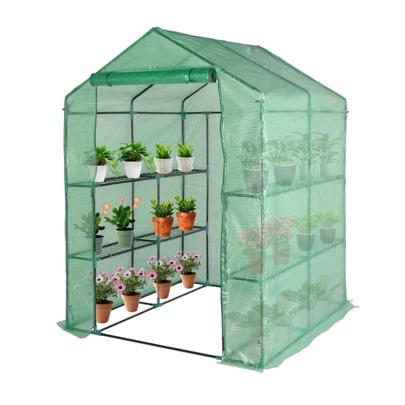 Walk-in Greenhouse, Black Iron Pipe Steeple With 8 Pieces Grid Flower Stand With Zipper Rolling Door PE Cloth Greenhouse