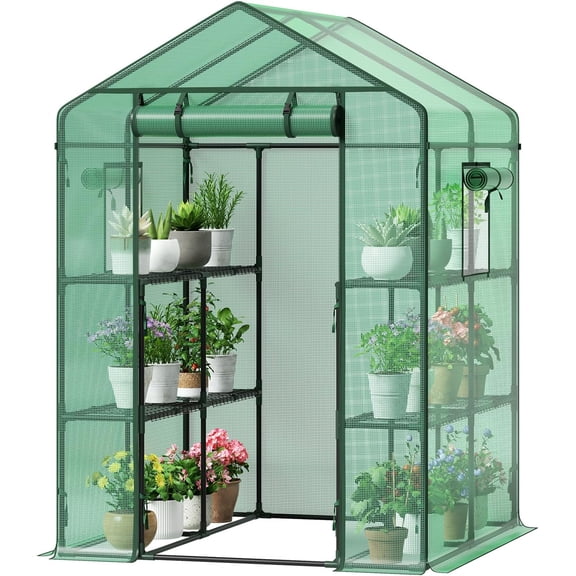 Walk-in Greenhouse for Outdoors, High-Density PE Plant Cover with 2 Tiers of 8 Shelves, 4.5x4.5x6.5ft, Perfect for Plant Growing, 4 Ropes and Stakes Included
