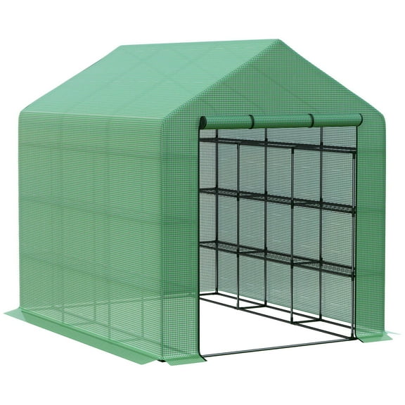 Walk-in Greenhouse for Outdoors with Roll-up Zipper Door, 18 Shelves, PE Cover & Heavy Duty Frame, Portable Plant Greenhouse 95.25" x 70.75" x 82.75", Green