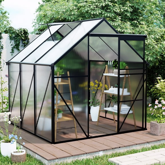 Walk-in Greenhouse for Outside, 6x6FT Polycarbonate Green House Aluminium Alloy, High Light Transmittance Polycarbonate, 5-Level Adjustable Vent, Additional 10 Side Supports, Sliding Door