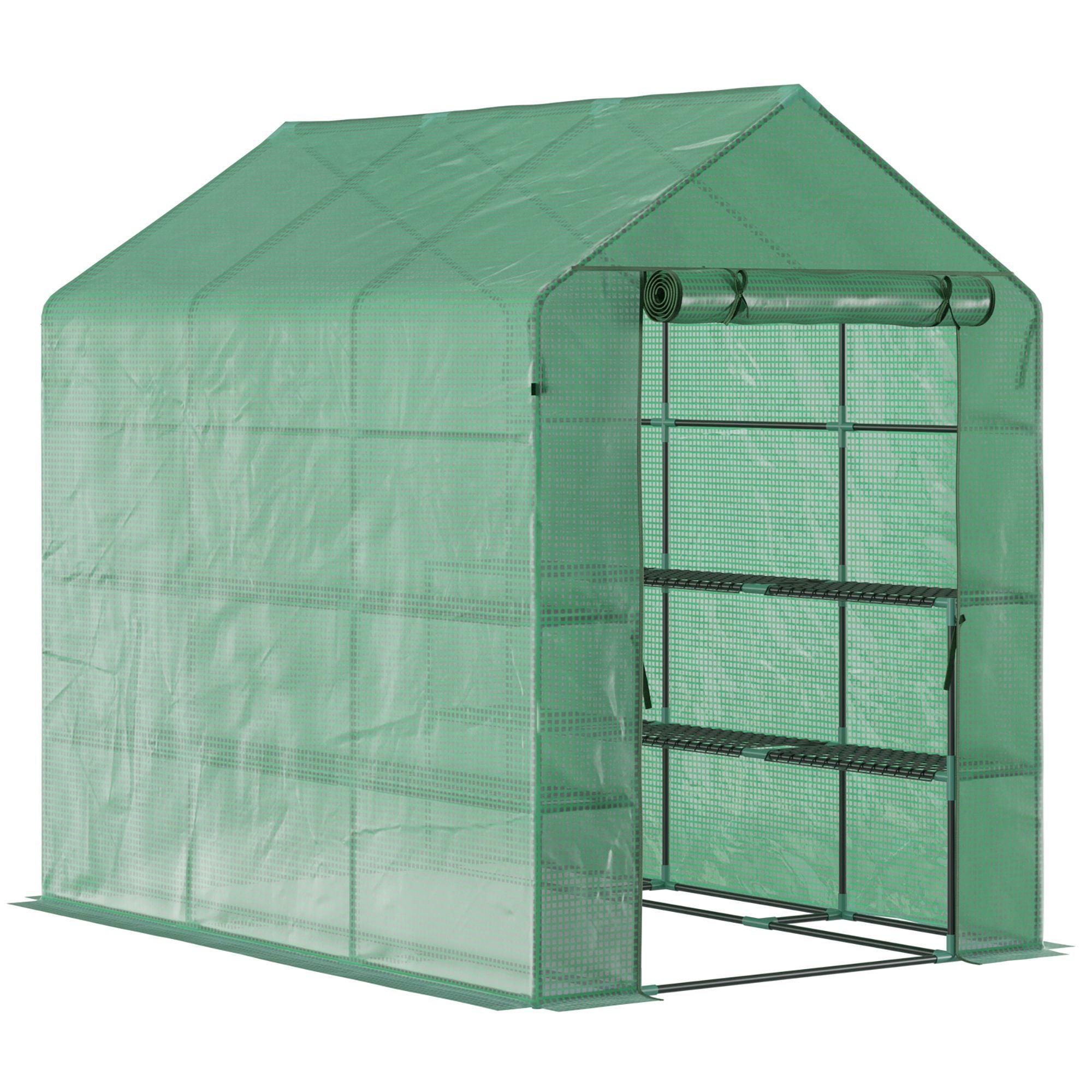Walk-in Greenhouse, PE Cover, 3-Tier Shelves, Steel Frame Hot house, Roll-Up Zipper Door for Flowers