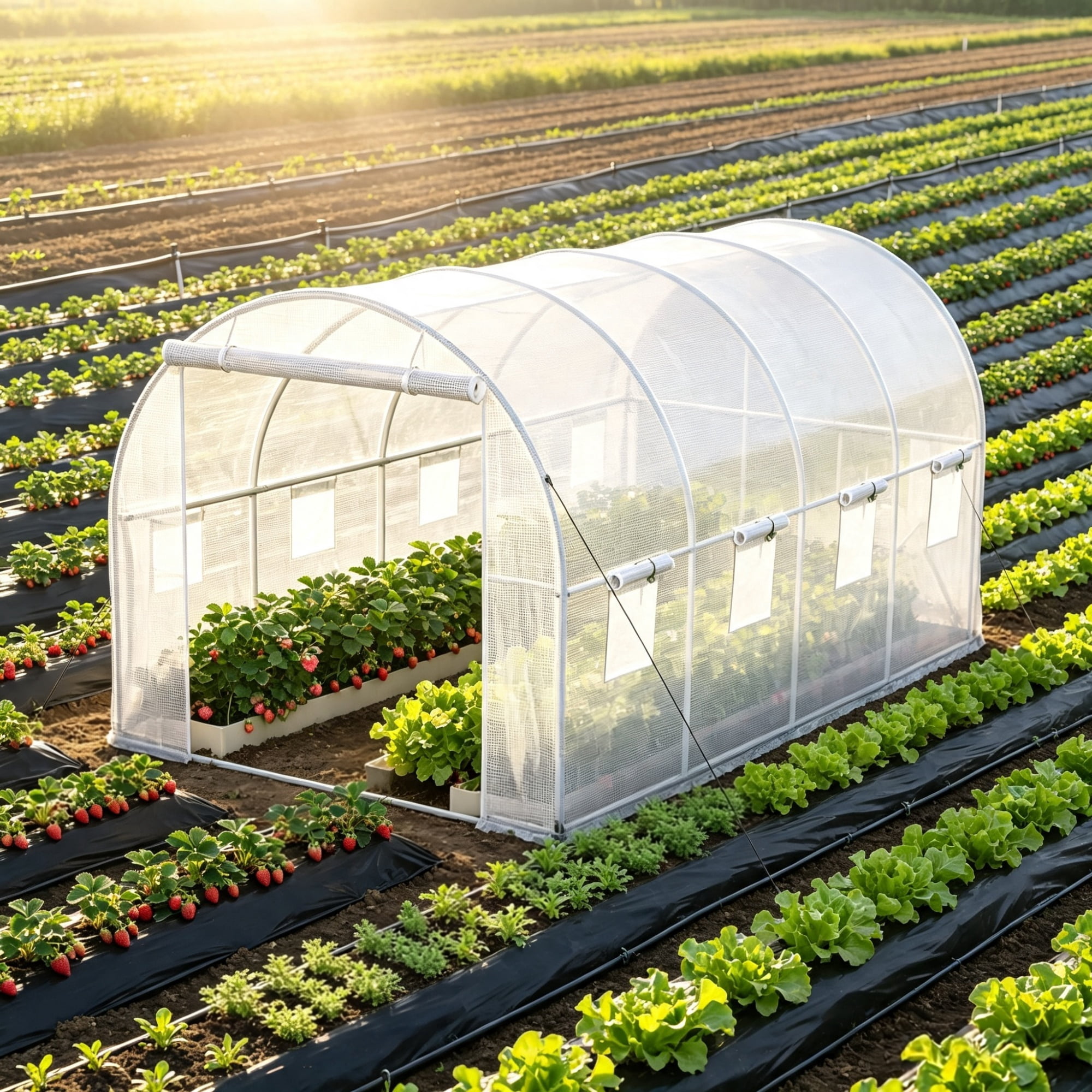 Walk-in Greenhouse, Portable Plant Hot House with Galvanized Steel Hoops, 1 Top Beam & Diagonal Poles, Zippered Door & 8 Roll-up Windows, White 15 x 6.5 x 7ft