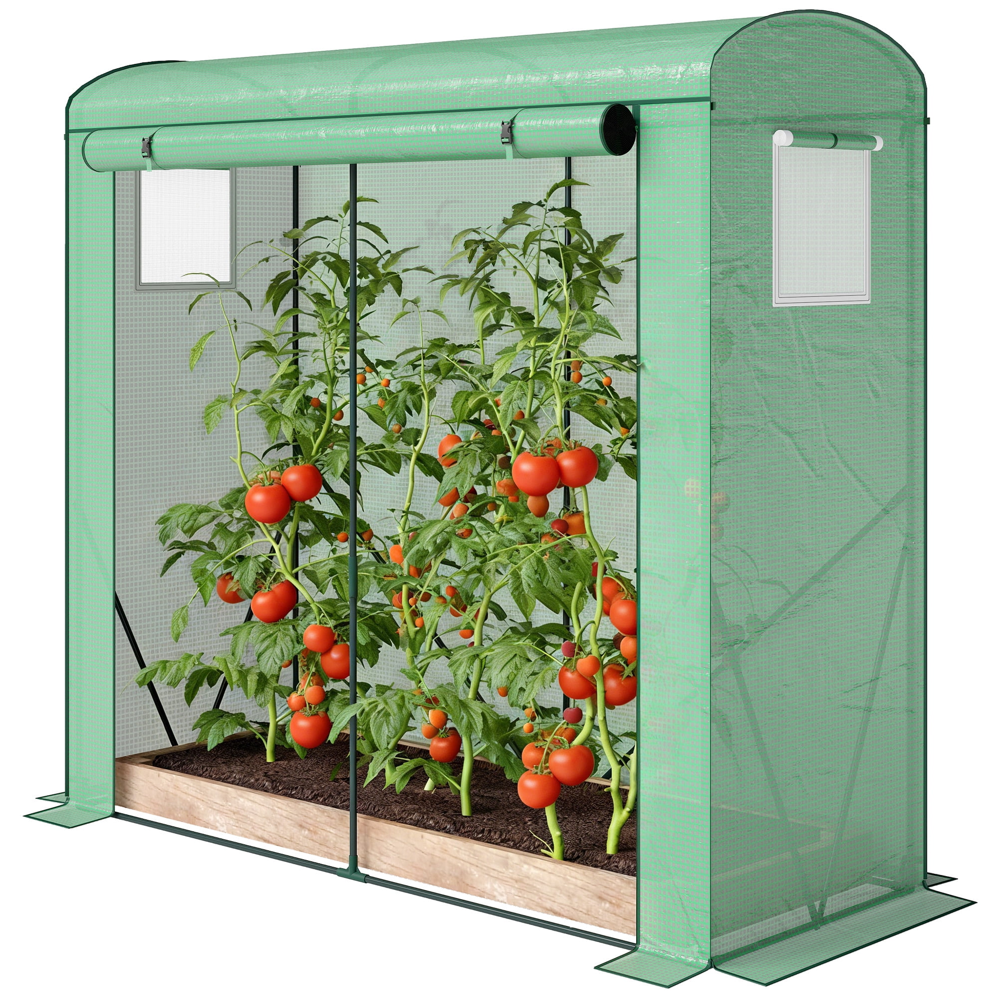 Walk-in Greenhouse with 140gsm PE Cover, Roll-Up Door & Mesh Windows, Powder-Coated Steel Frame, Windproof Level 4 for Outdoor Plants