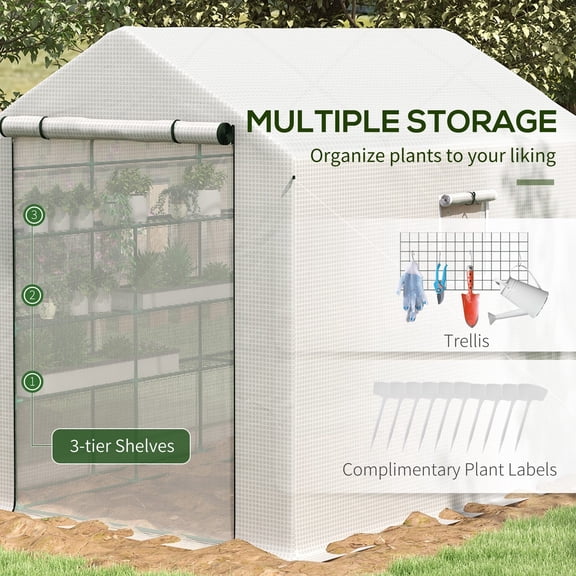 Walk-in Greenhouse with Mesh Door and Windows, 8x6x7 ft Steel Frame, 18 Shelf Plant House for Growing Vegetables, Herbs, Flowers, Saplings, White