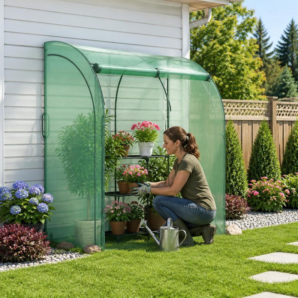 Walk-in Lean-To Greenhouse, PE Cover, Metal Frame, Flower Rack, 7 X 3.5 ...
