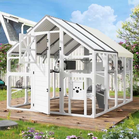 Walk-in Multi-Level Extra Large Outdoor Catio with Bridges and PVC Roof, White and Grey