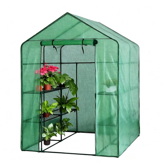 Walk-in Pop-Up Greenhouse 3 Tiers 8 Shelves,Portable All-Season Grow House,Heavy Duty Steel Frame Clear PE Cover, Zipper Door & Side Windows, All-Season Indoor Outdoor Plant Grow Tent