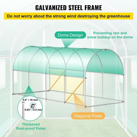 Walk-in Tunnel Greenhouse, 15 x 7 x 7 ft Portable Plant Hot House with Galvanized Steel Hoops, 1 Top Beam, Diagonal Poles, Zippered Door & 8 Roll-up Windows, Green