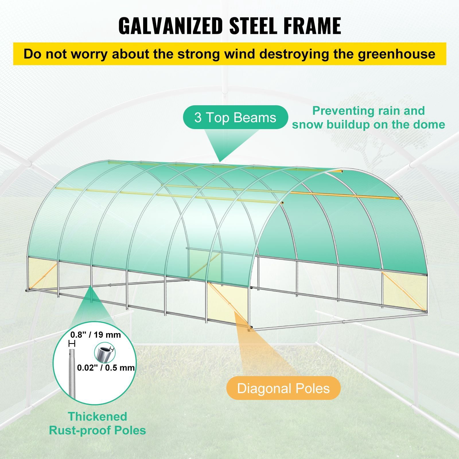 Walk-in Tunnel Greenhouse, 20 x 10 x 7 ft Portable Plant Hot House with Galvanized Steel Hoops, 3 Top Beams, Diagonal Poles, 2 Zippered Doors & 12 Roll-up Windo