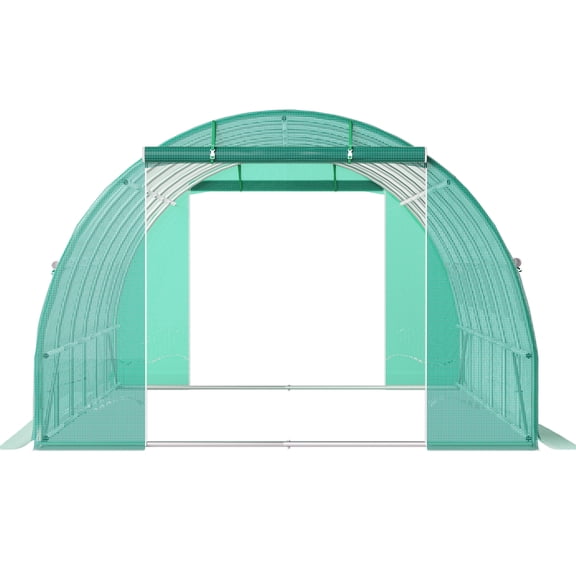 Walk-in Tunnel Greenhouse, 20 x 10 x 7 ft Portable Plant Hot House w/ Galvanized Steel Hoops, 3 Top Beams, Diagonal Poles, 2 Zippered Doors & 12 Roll-up Windows, Green