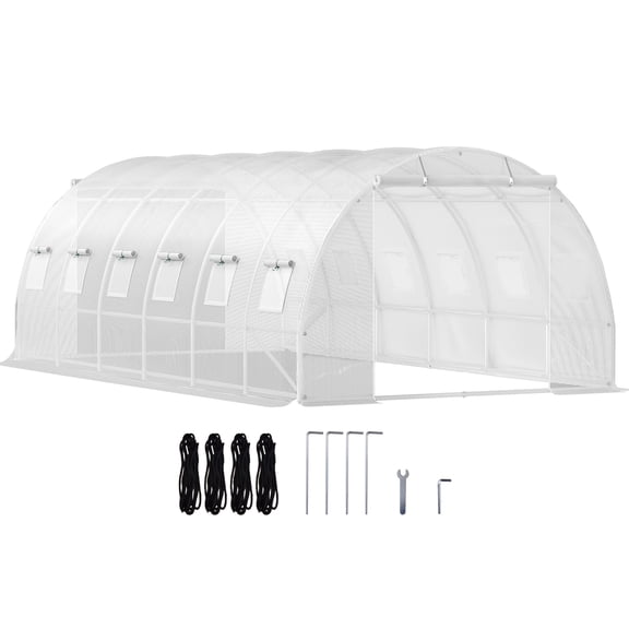 Walk-in Tunnel Greenhouse, 20 x 10 x 7 ft Portable Plant Hot House w/ Galvanized Steel Hoops, 3 Top Beams, Diagonal Poles, 2 Zippered Doors & 12 Roll-up Windows, White