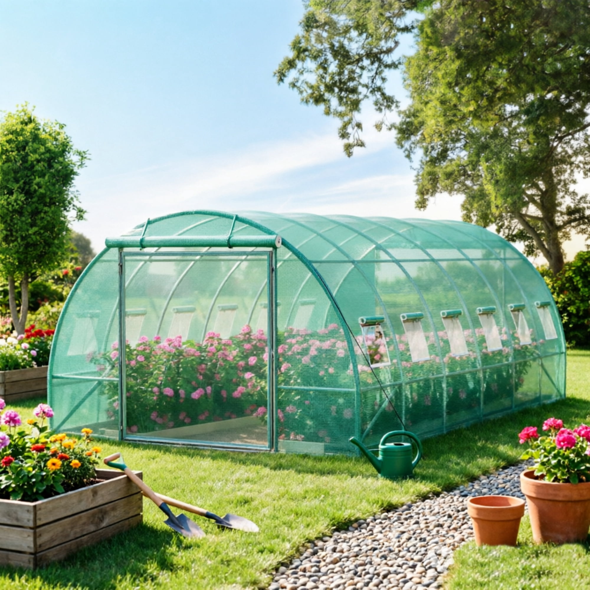 Walk-in Tunnel Greenhouse, Portable Hot House with Galvanized Steel Hoops & 12 Roll-up Windows, 20' x 10' x 7'