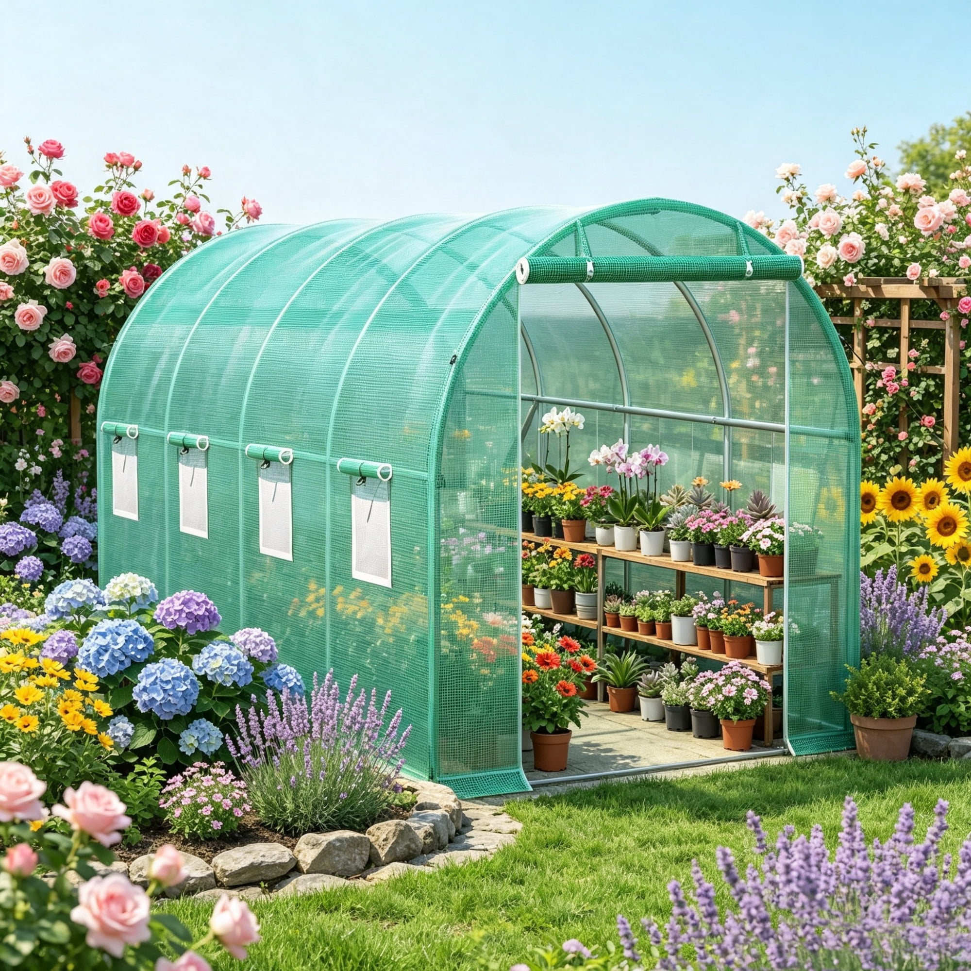Walk-in Tunnel Greenhouse, Portable Hot House with Galvanized Steel Hoops & 8 Roll-up Windows, 15' x 7' x 7'