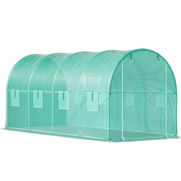 Walk-in tunnel greenhouse, dimensions 15x7x7 feet, plant greenhouse, galvanized steel fence, oblique rod with top beam, zipper door, 8 roller shutter doors, green