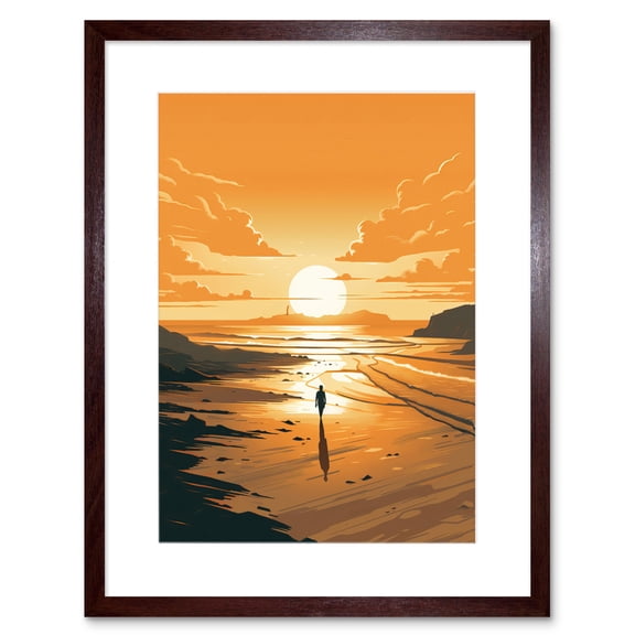 Walk into the Sunset Sand Beach Coastal Landscape Artwork Framed Wall Art Print 9X7 Inch
