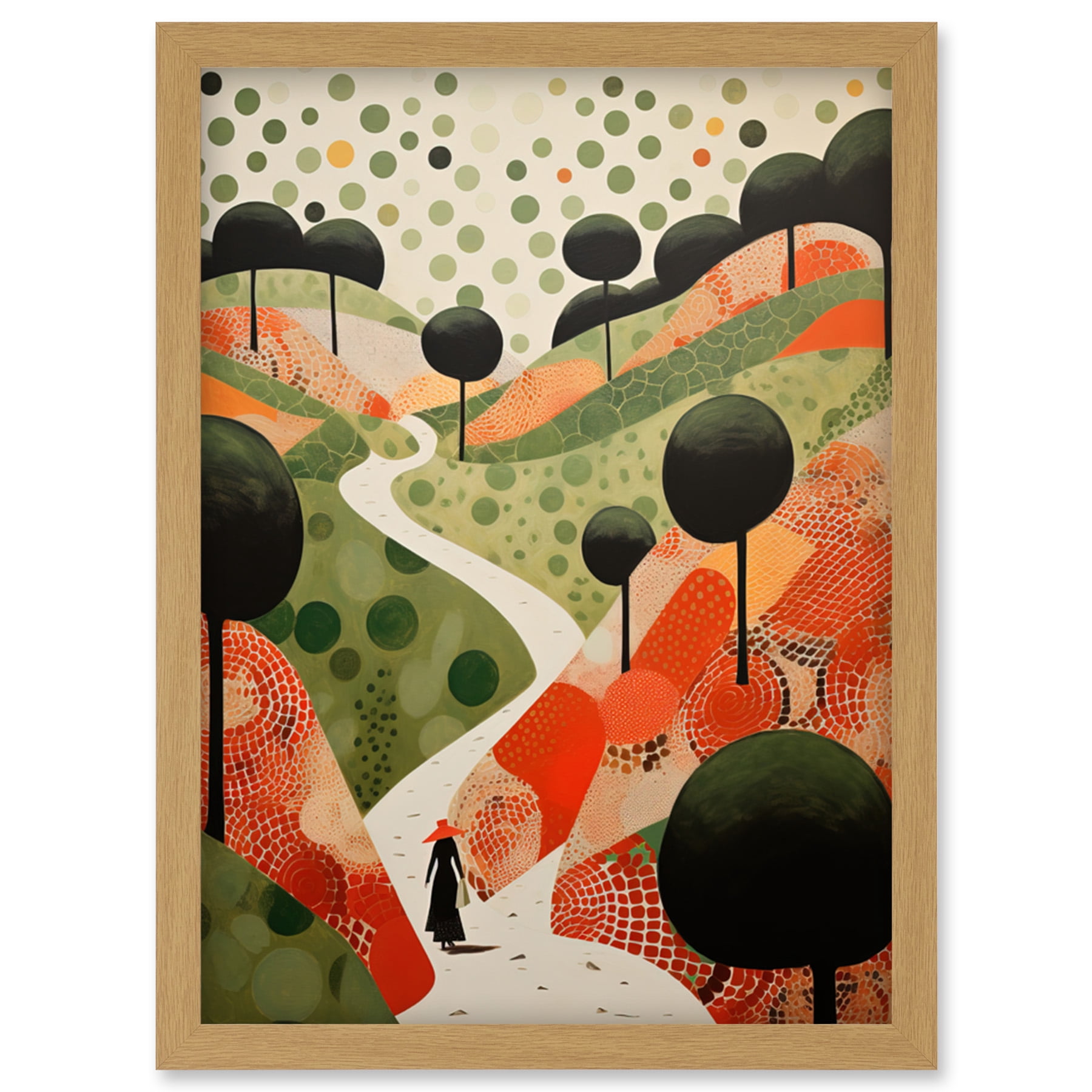 Walk on the Countryside Hill Path Folk Art Oil Painting Red Orange ...