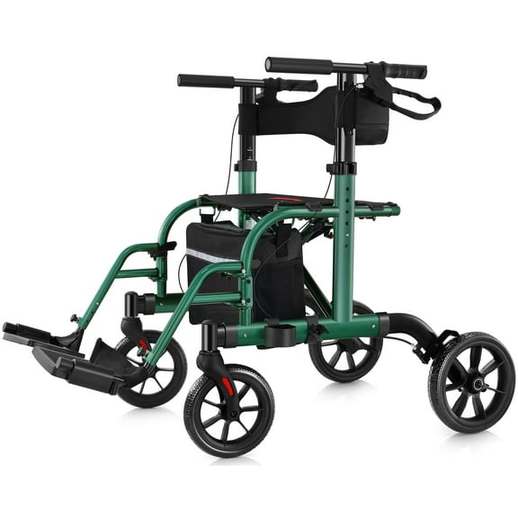 WalkMate 2 in 1 Rollator Walker Transport Chair for Seniors, 10'' Wheels Medical Rollator for Seniors with Paded Seat Backrest, Adjustable Handle and Detachable Footrests, Green
