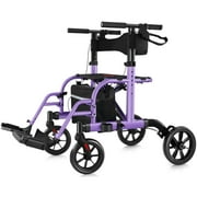 WalkMate 2 in 1 Rollator Walker Transport Chair for Seniors, 10'' Wheels Medical Rollator for Seniors with Paded Seat Backrest, Adjustable Handle and Detachable Footrests, Purple