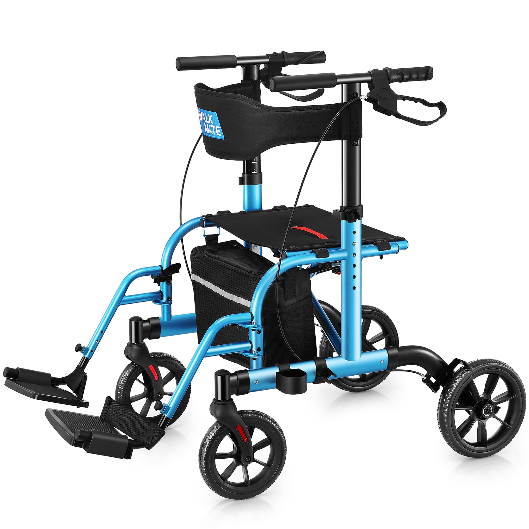 WalkMate 2 in 1 Rollator Walker Transport Chair for Seniors, 10'' Wheels Medical Rollator for