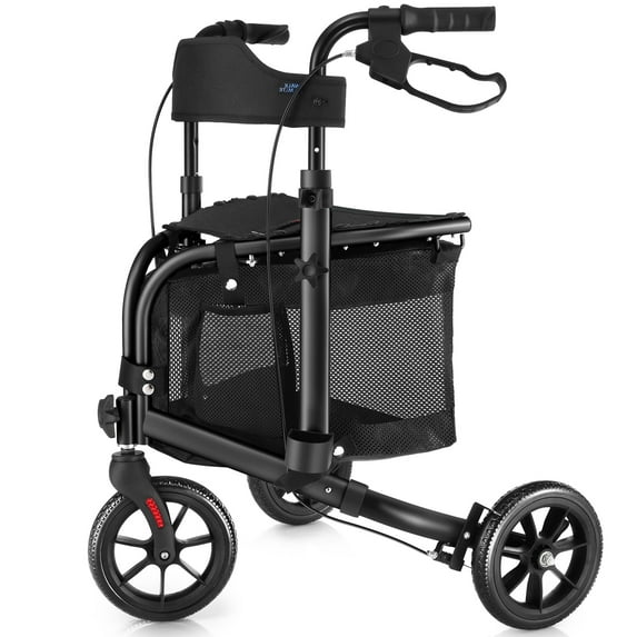 WalkMate 3 Wheel Rollator Walker for Slim Seniors, 8'' Wheels Lightweight Foldable Rollator Walker, Height Adjustable Handles and Large Storage Bag, Black