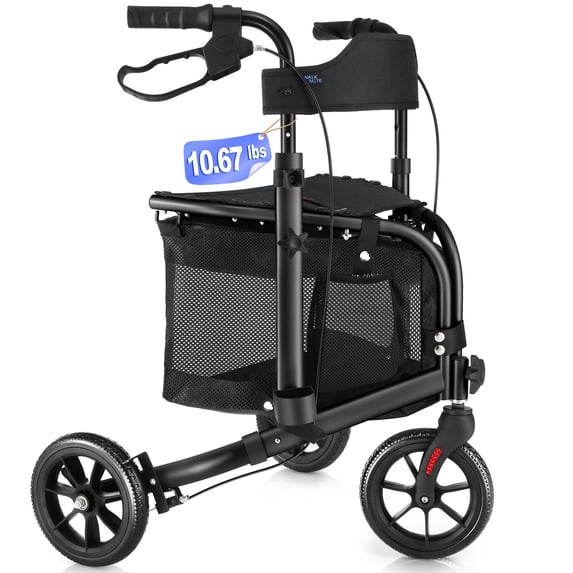 WalkMate 3 Wheel Rollator Walker for Slim Seniors, 8'' Wheels Lightweight Foldable Rollator Walker, Height Adjustable Handles and Large Storage Bag, Black