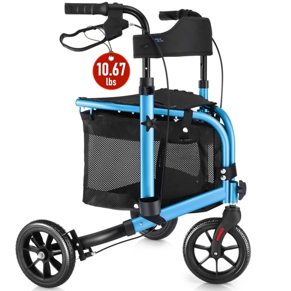 WalkMate 3 Wheel Rollator Walker for Slim Seniors, 8'' Wheels Lightweight Foldable Rollator Walker, Height Adjustable Handles and Large Storage Bag, Blue
