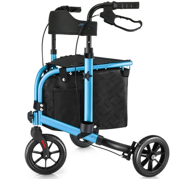 WalkMate 3 Wheel Rollator Walker for Slim Seniors, 8'' Wheels Lightweight Foldable Rollator Walker, Height Adjustable Handles and Large Storage Bag, Blue