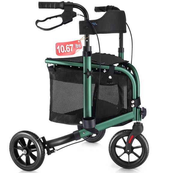 WalkMate 3 Wheel Rollator Walker for Slim Seniors, 8'' Wheels Lightweight Foldable Rollator Walker, Height Adjustable Handles and Large Storage Bag, Green