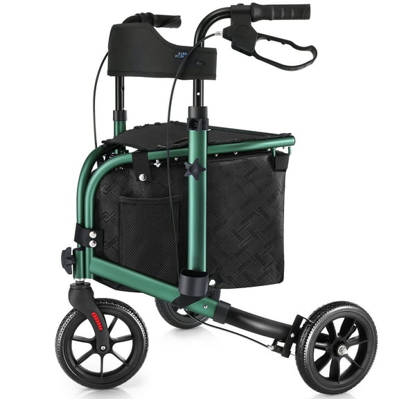 WalkMate 3 Wheel Rollator Walker for Slim Seniors, 8'' Wheels Lightweight Foldable Rollator Walker, Height Adjustable Handles and Large Storage Bag, Green