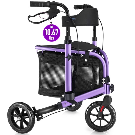 WalkMate 3 Wheel Rollator Walker for Slim Senior, 8'' Wheel Lightweight Folding Walker, Purple