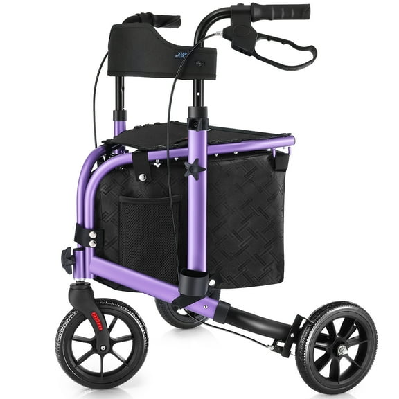 WalkMate 3 Wheel Rollator Walker for Slim Senior, 8'' Wheel Lightweight Folding Walker, Purple
