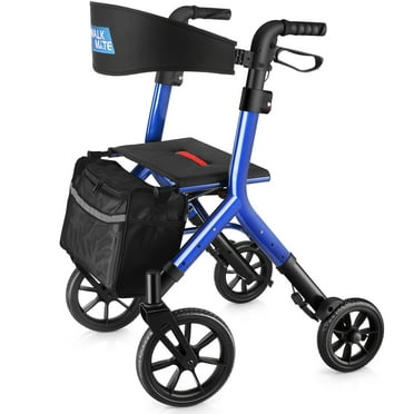 WalkMate Foldable Rollator Walker with Height-Adjustable Seat, 10” Wheels, Compact Folding Design, Lightweight Mobility Walking Aid for Seniors Taller 5.3~7ft, Dark Blue