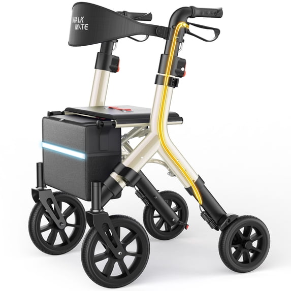 WalkMate Foldable Rollator Walker with Height-Adjustable Seat, 10” Wheels, Compact Folding Design, Lightweight Mobility Walking Aid for Seniors Taller 5.3~7ft, Gold