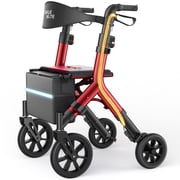 WalkMate Foldable Rollator Walker with Height-Adjustable Seat, 10 Wheels, Compact Folding Design, Lightweight Mobility Walking Aid for Seniors Taller 5.37ft, Red
