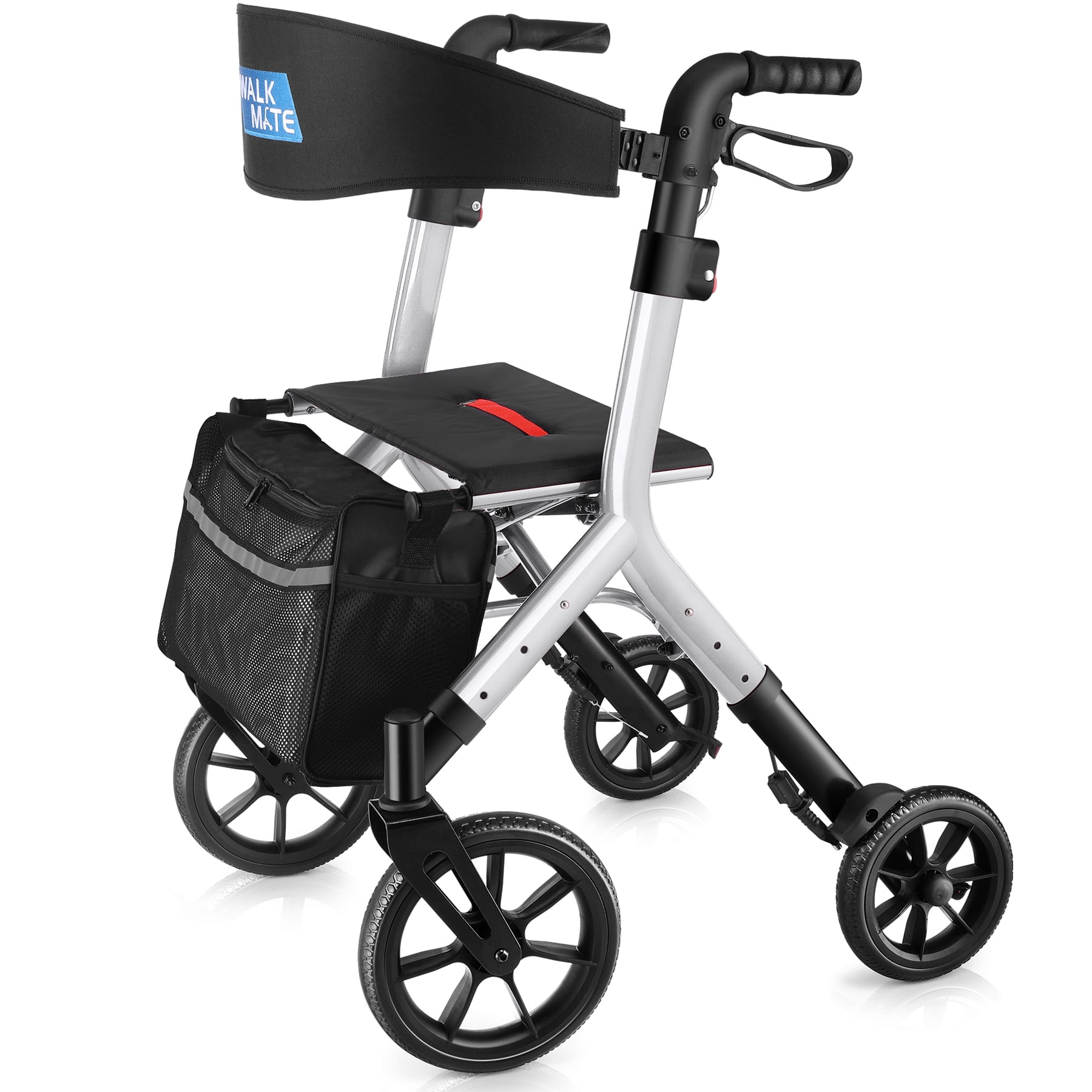 WalkMate Foldable Rollator Walker with Height-Adjustable Seat, 10 Wheels, Compact Folding Design, Lightweight Mobility Walking Aid for Seniors Taller 5.3~7ft, Silver