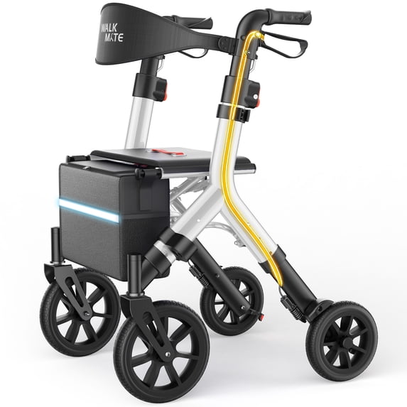 WalkMate Foldable Rollator Walker with Height-Adjustable Seat, 10 Wheels, Compact Folding Design, Lightweight Mobility Walking Aid for Seniors Taller 5.3~7ft, Silver