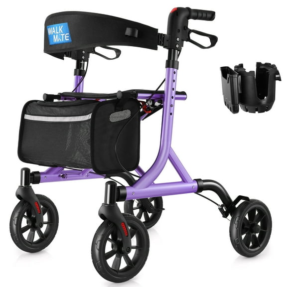 WalkMate Rollator Walker for Seniors with Cup Holder, Upgraded Thumb Press Button for Height Adjustment, 8" Wheels Folding Lightweight Walking Aid with Seat Padded Backrest, Purple