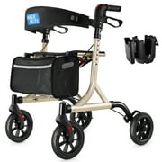 WalkMate Rollator Walker for Seniors with Cup Holder, Upgraded Thumb Press Button for Height Adjustment, 8 Wheels Folding Lightweight Walking Aid with Seat Padded Backrest, Gold