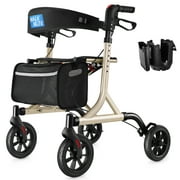 WalkMate Rollator Walker for Seniors with Cup Holder, Upgraded Thumb Press Button for Height Adjustment, 8" Wheels Folding Lightweight Walking Aid with Seat Padded Backrest, Gold