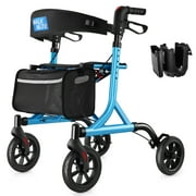 WalkMate Rollator Walker for Seniors with Cup Holder, Upgraded Thumb Press Button for Height Adjustment, 8" Wheels Folding Lightweight Walking Aid with Seat Padded Backrest, Blue