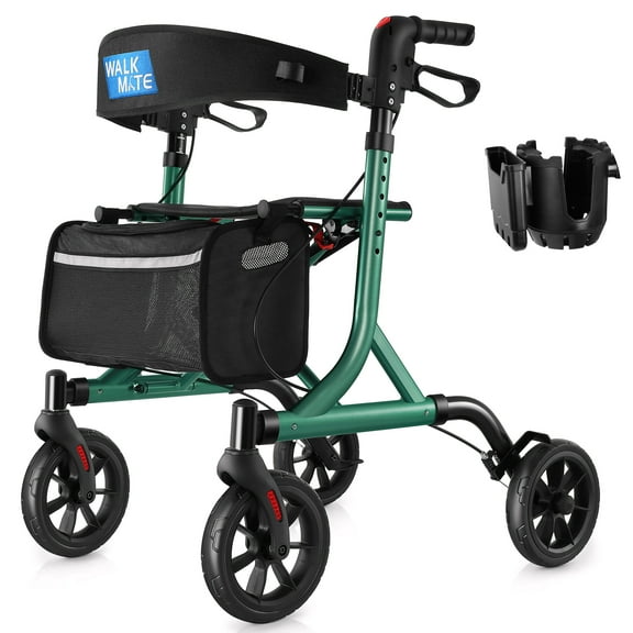 WalkMate Rollator Walker for Seniors with Cup Holder, Upgraded Thumb Press Button for Height Adjustment, 8" Wheels Folding Lightweight Walking Aid with Seat Padded Backrest, Green