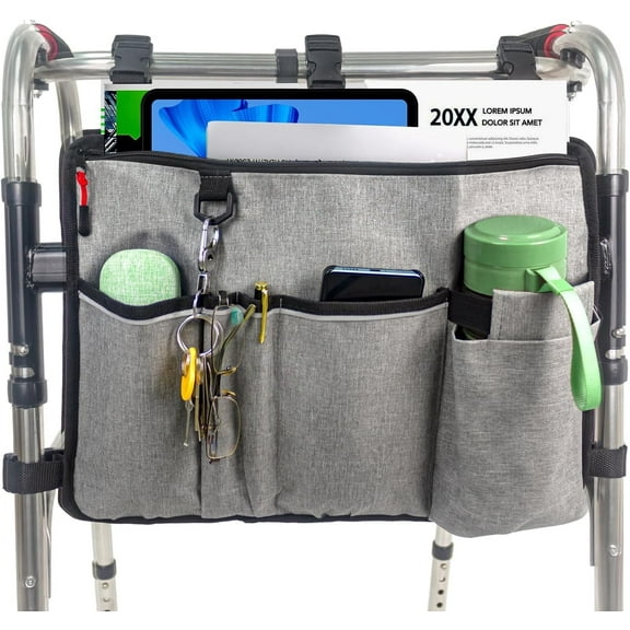 Walker Accessories Basket Bag with Cup Holder & Storage Pouch , Universal Detachable Organizer for Folding Walkers, Rollators, and Scooters , Ideal for Seniors and Elderly Mobility Aid Devices