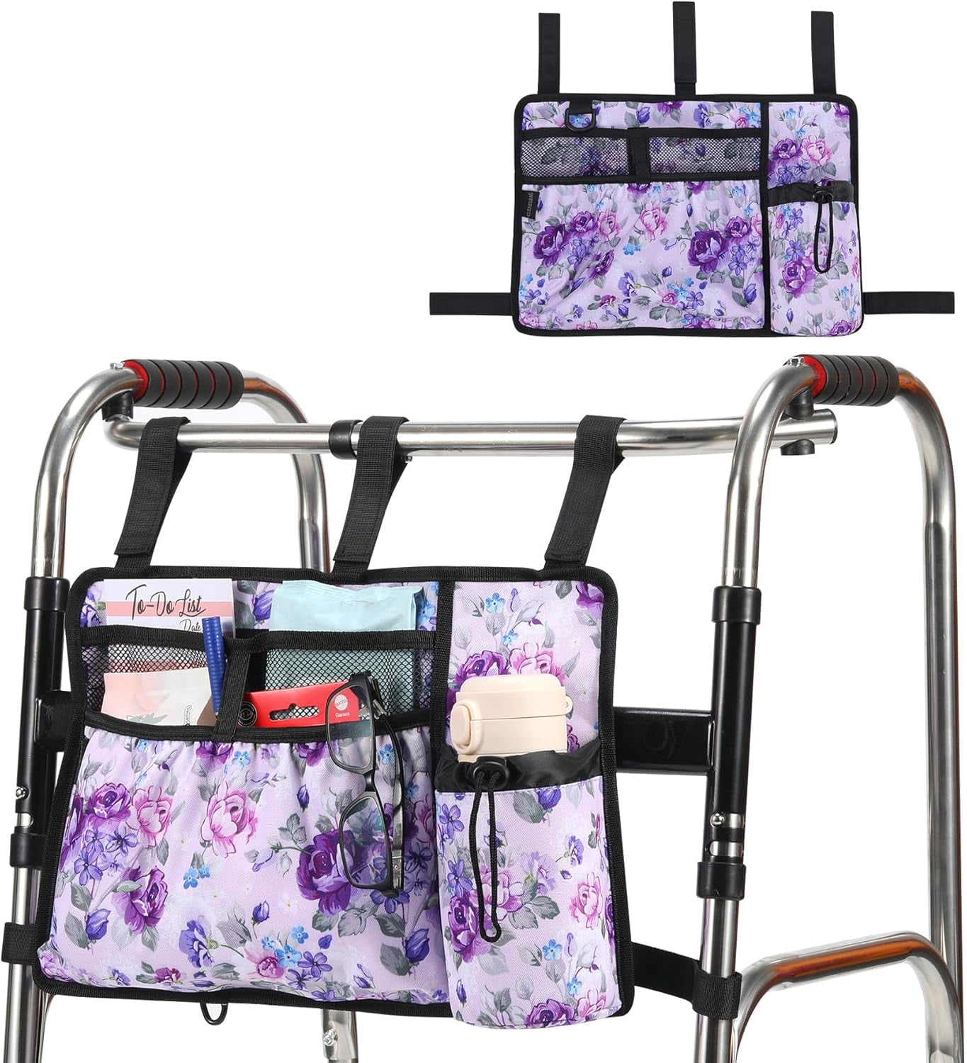 Walker Accessories for Seniors - Folding Walker Bag with Cup Holder, Storage Basket, and Organizer Pouch, Grey