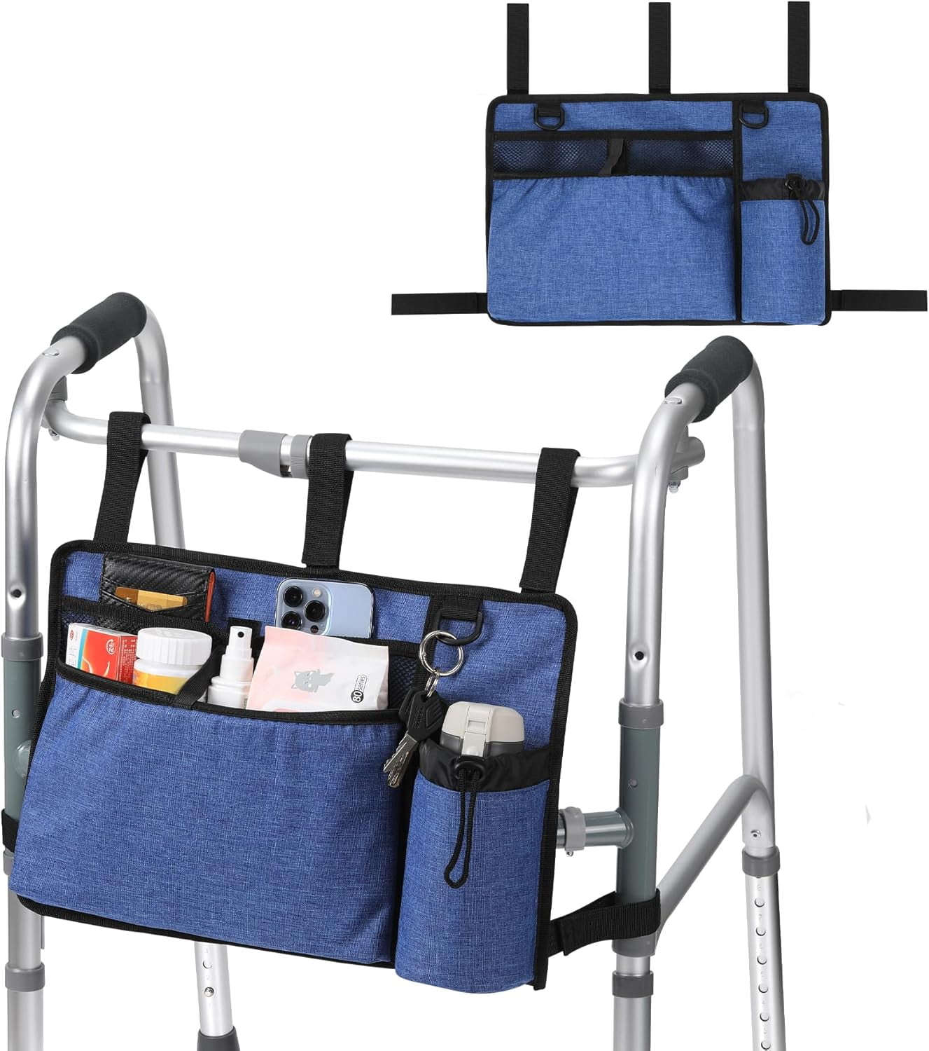 Walker Accessories for Seniors - Folding Walker Bag with Cup Holder, Storage Basket, and Organizer Pouch, Grey