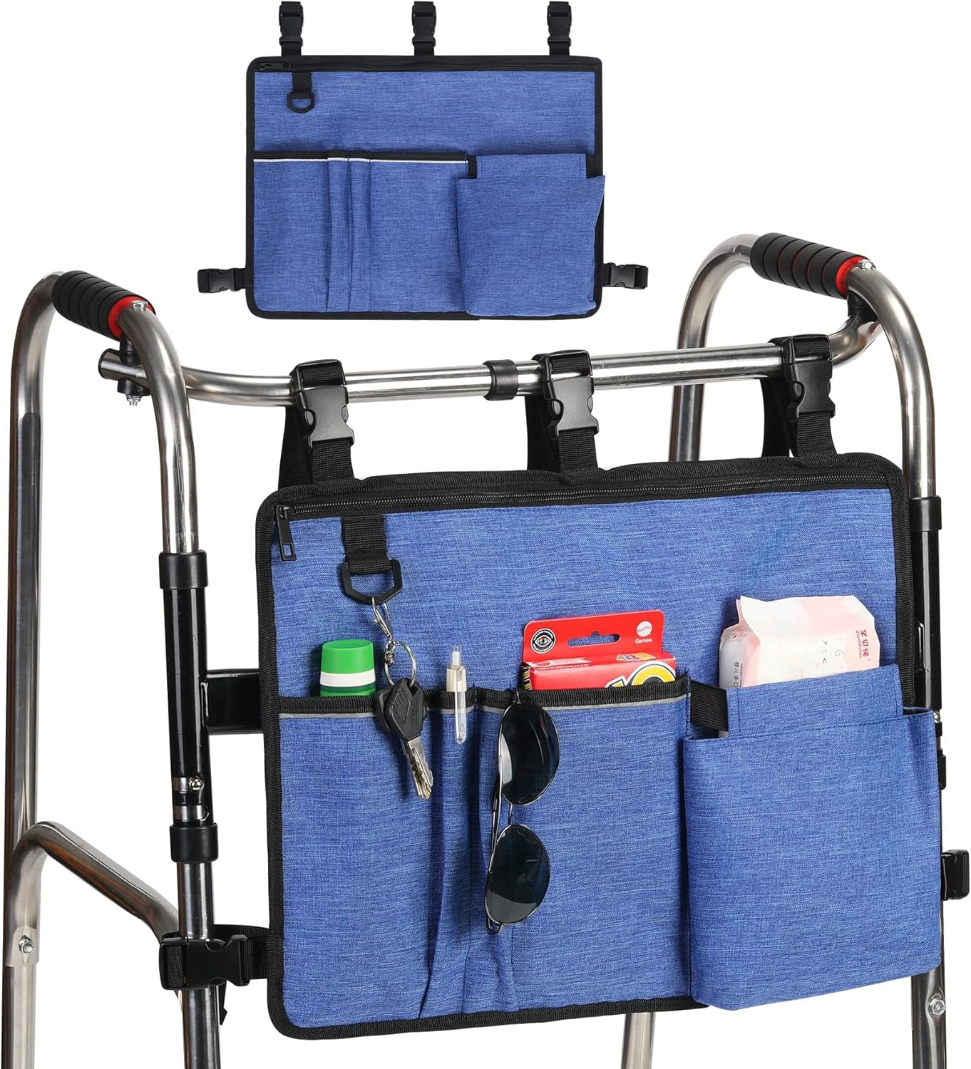 Walker Accessories for Seniors - Folding Walker Bag with Cup Holder, Storage Basket, and Organizer Pouch, Grey