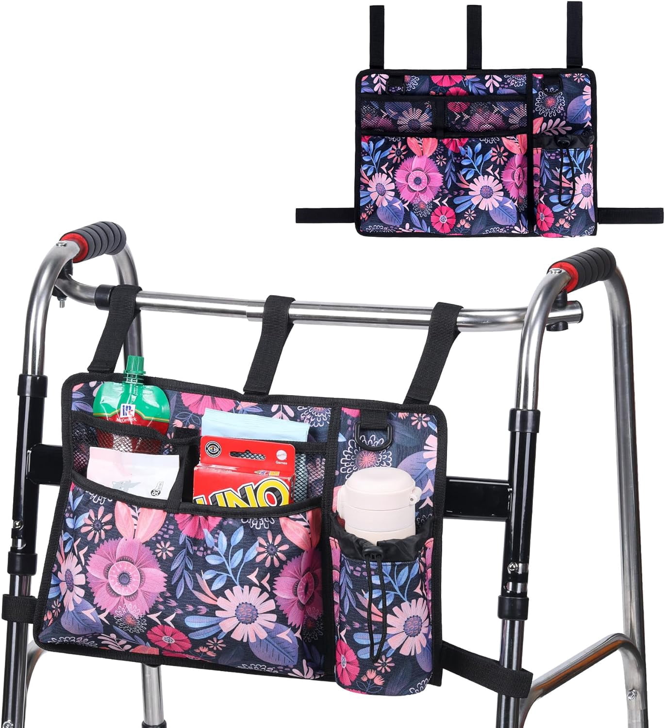 Walker Accessories for Seniors - Folding Walker Bag with Cup Holder, Storage Basket, and Organizer Pouch, Grey