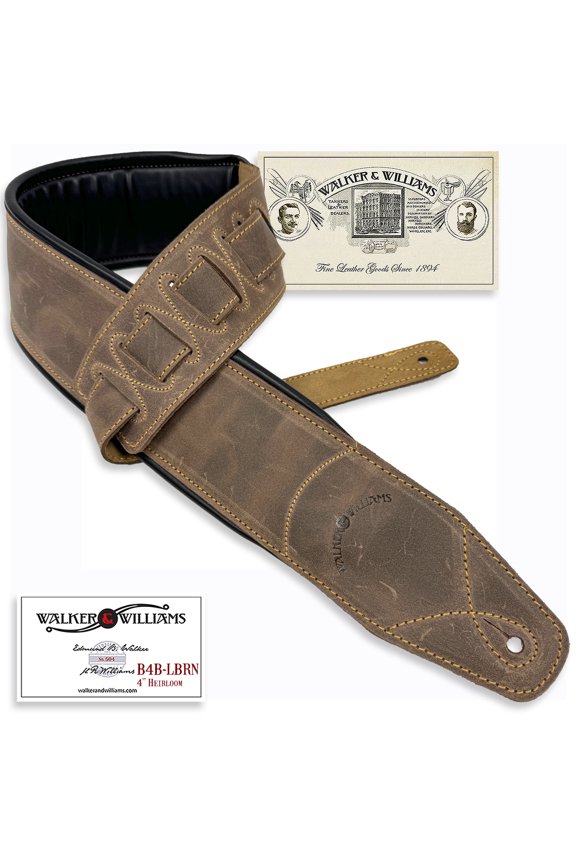 Walker And Williams B4B-LBRN Padded Rustic Tan Wide 4" Wide Premium Heirloom Grain Leather Guitar And Bass Strap