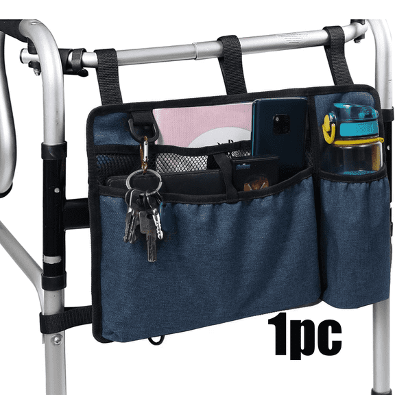Walker Bag Basket with Cup Holder Suit for Adult Folding Walkers Rollator Organizer Carry Storage Pouch Water-Resistant Armrest Accessories for Seniors, Elderly, Handicap, Blue